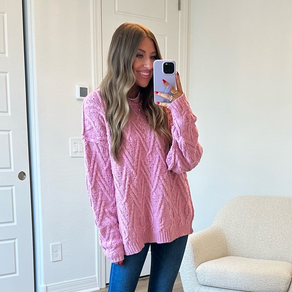 Free People Pink Cowl Neck Cable Knit Sweater